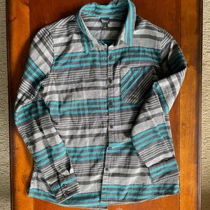 Patagonia Fjord Flannel size 4 grey teal and purple stripes organic cotton